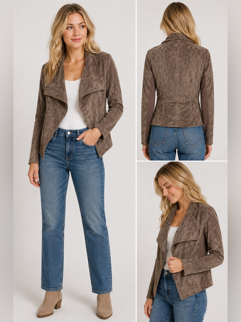 SL8 Taupe Faux Suede Drape Front Moto Jacket XS Open Front Lightweight